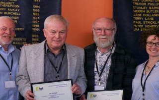 Jim Stranger (second from left), Friends of Tyers Park receives his Best Friend Award and Spencer Unthank, from Penguin Study Group, receives a Highly Commended certificate from Nina Cullen (right), Executive Director of the Biodiversity Division of the Department of the Environment, Land, Water & Planning and Paul Strickland (left) Convenor of VEFN.